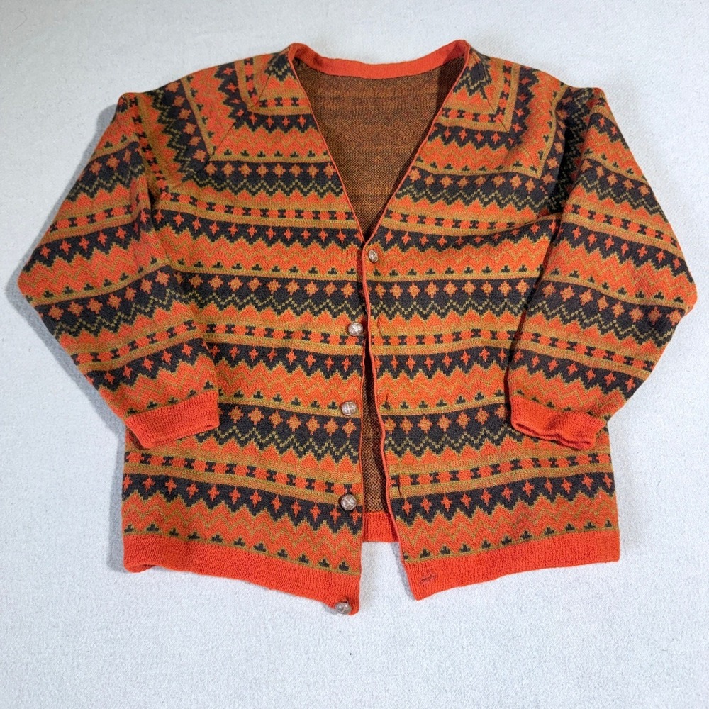 Vintage Fair Isle Geometric Knit Cardigan Sweater Orange Brown 70s Retro Medium